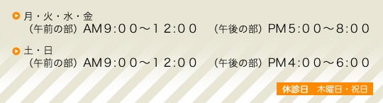 月・火・水・金（午前9時から12時まで、午後5時から8時まで）土・日（午前9時から午後12時まで　午後4時から6時まで）木曜日・祝日休診